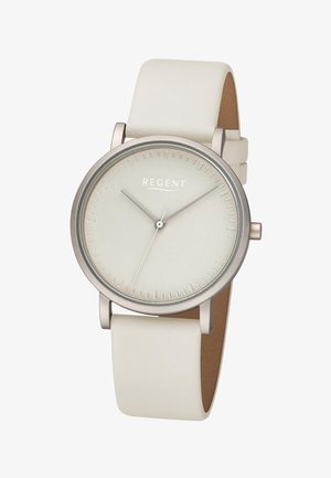 Montre-bracelet Regent blanche et minimaliste avec boîtier rond en argent, cadran uni sans chiffres, et bracelet en cuir beige clair.