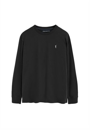 Maglietta nera a maniche lunghe con scollo tondo, logo piccolo di un giocatore di polo bianco sul petto a sinistra e polsini a coste.