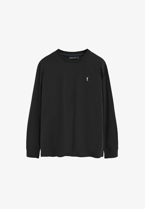 Maglietta nera a maniche lunghe con scollo tondo, logo piccolo di un giocatore di polo bianco sul petto a sinistra e polsini a coste.