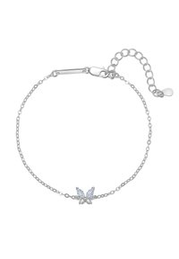 Silver butterfly bracelet featuring a delicate chain, a central butterfly design with clear gemstones, and an adjustable clasp for sizing.