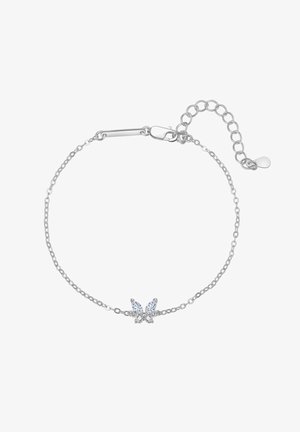 Bracelet en argent avec une chaîne délicate, un motif de papillon central orné de pierres claires et un fermoir ajustable pour un ajustement optimal.