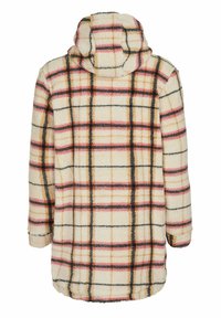 Beige geruite fleece jas met een capuchon. Beschikt over oranje, zwarte en roze lijnen. Zachte textuur, lange mouwen en een ronde zoom.