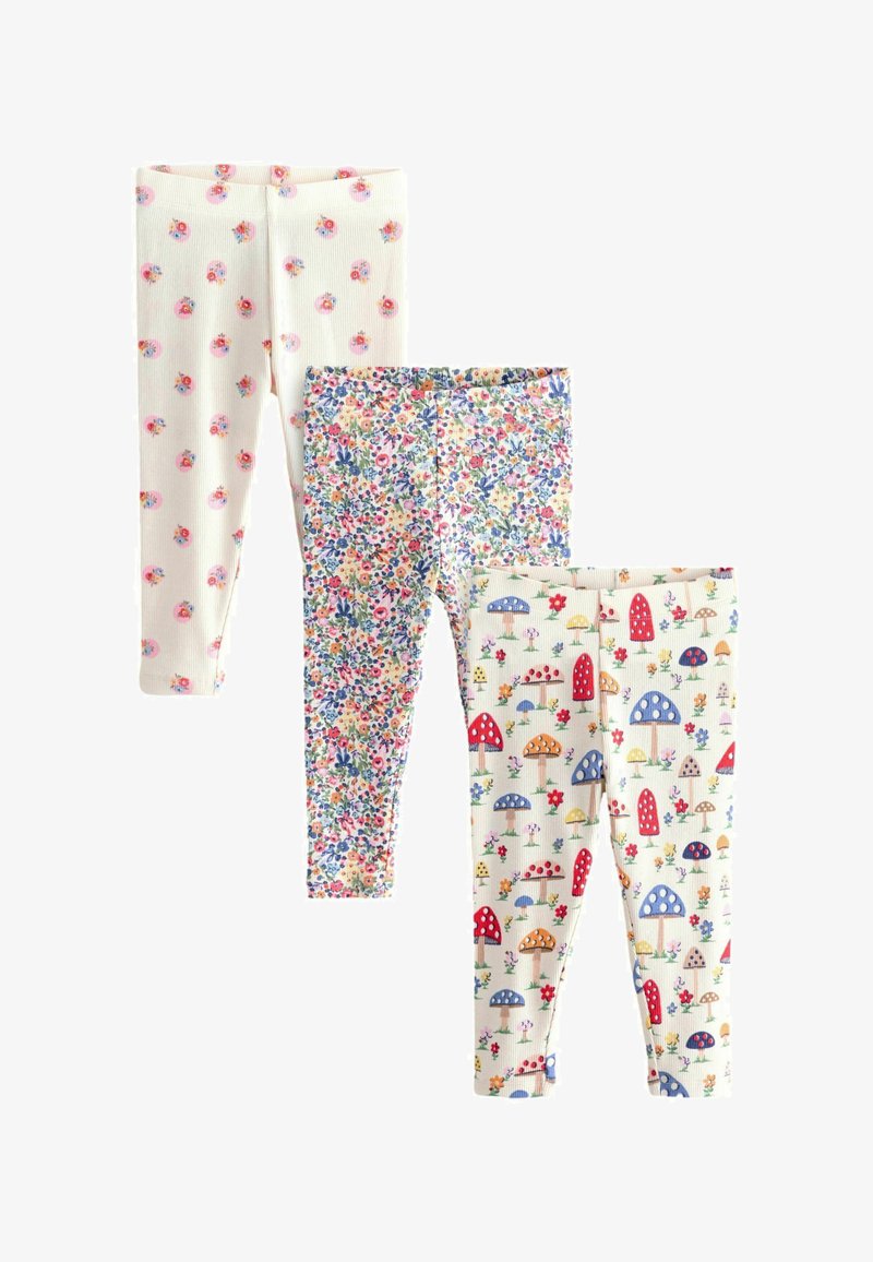 Three pairs of children's leggings with floral, mushroom, and small flower patterns in pastel and bright colors on a white background.