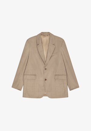 Sacou bej în carouri realizat dintr-un material texturat, cu rever cu tăietură, două buzunare frontale și o închidere cu un singur nasture maro.