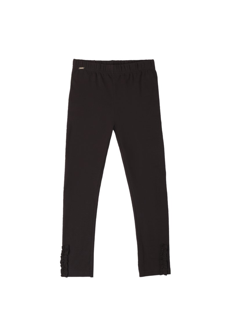 Leggings noirs en tissu doux, avec une taille extensible et des accents froncés au niveau de la cheville. Texture lisse, design ajusté.