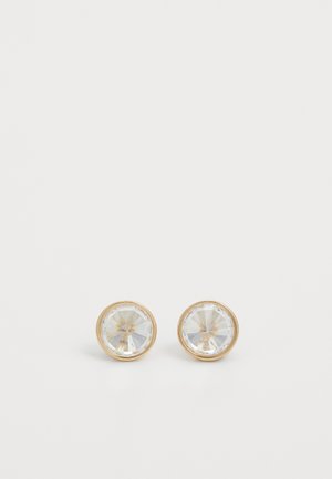 Orecchini a perno in tono oro, caratterizzati da cristalli trasparenti rotondi e sfaccettati con bordo metallico liscio, che riflettono la luce con un delicato luccichio.