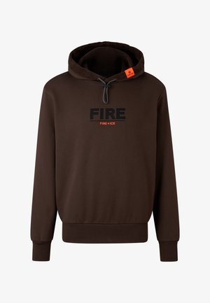 Brauner Hoodie mit "FIRE" in Schwarz bestickt und "FIRE+ICE" in Orange darunter, ausgestattet mit einer Kapuze mit Zugband und einem orangefarbenen Etikett.