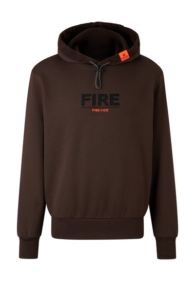Hoodie marron avec "FIRE" brodée en noir et "FIRE+ICE" en orange en dessous, doté d'une capuche avec cordon de serrage et d'une étiquette orange.