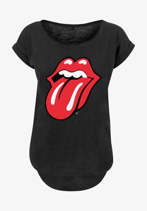 Zwarte t-shirt met korte mouwen met een prominent rood en wit Rolling Stones tong logo op de voorkant, gemaakt van een zachte, gestructureerde stof.