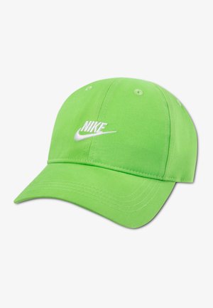 Green cotton baseball cap with a curved visor and white embroidered Nike logo on the front, featuring six ventilation holes.