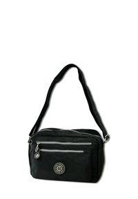 Black shoulder bag with a textured fabric, features two front zippered pockets, a circular logo patch, and an adjustable strap.