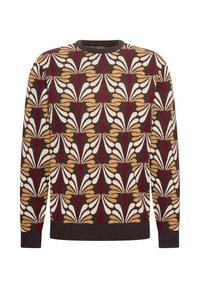 Pullover lavorato a maglia con una base marrone e un motivo floreale multicolore in rosso, crema e oro. Collo rotondo e polsini a coste.