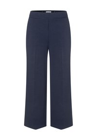 Marineblaue weit geschnittene Hose aus glattem Stoff, mit elastischem Bund und ohne sichtbare Hardware oder Taschen. Einfaches und schmuckloses Design.