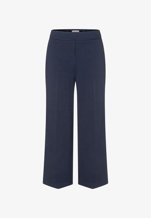 Marineblaue weit geschnittene Hose aus glattem Stoff, mit elastischem Bund und ohne sichtbare Hardware oder Taschen. Einfaches und schmuckloses Design.