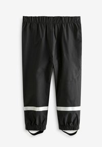 Pantalones de lluvia negros hechos de un tejido resistente al agua, con una cintura elástica, franjas reflectantes y puños elásticos para un ajuste seguro.