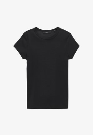 Black short-sleeve t-shirt made of ribbed fabric. Features a round neckline and a simple, straight cut. Minimalist design without embellishments.