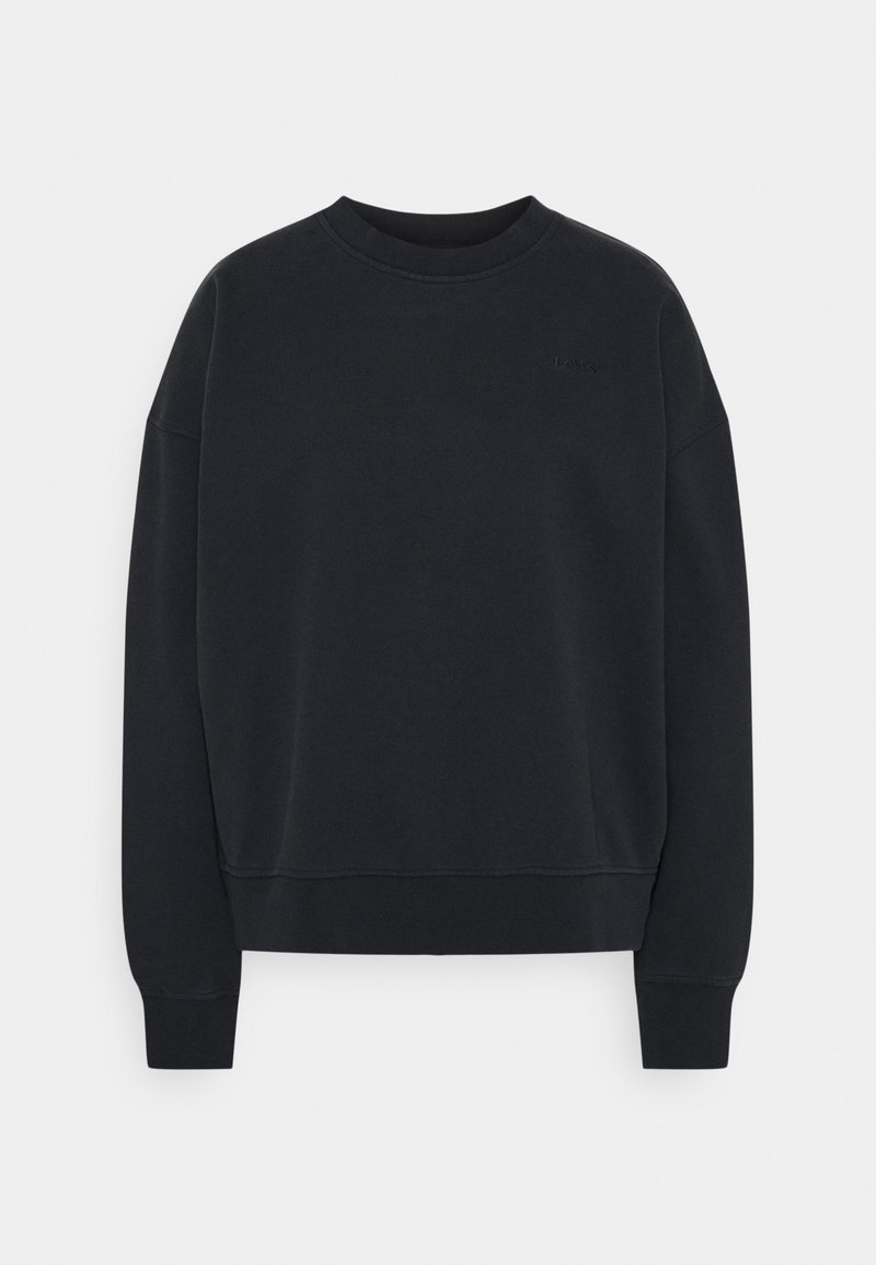 Czarny sweatshirt z okrągłym dekoltem i długimi rękawami, z subtelnym haftem logo na górnej lewej części klatki piersiowej, wyeksponowany na jednolitym białym tle.