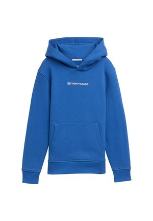 Felpa con cappuccio blu in tessuto misto cotone. Presenta una tasca frontale, polsini a costine e un logo bianco sul petto.