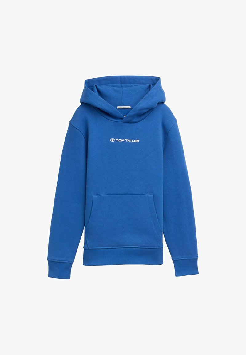 Felpa con cappuccio blu in tessuto misto cotone. Presenta una tasca frontale, polsini a costine e un logo bianco sul petto.