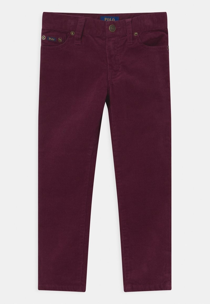 Burgundské kordové kalhoty se rovný střih, s předním zapínáním na knoflík, detaily kapes a texturovaným povrchem.