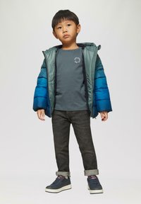 Veste rembourrée en teal et bleu, t-shirt gris, jeans foncés et baskets navy. Comprend un logo rond sur le t-shirt et des manches retroussées.