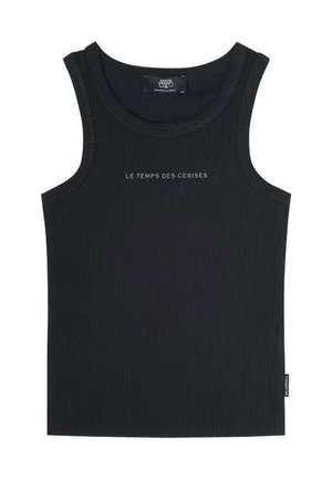 Débardeur noir à côtes avec bretelles larges. L'avant arbore le texte "LE TEMPS DES CERISES" dans une couleur contrastante. Étiquette en bas à droite.