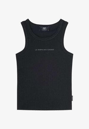 Débardeur noir à côtes avec bretelles larges. L'avant arbore le texte "LE TEMPS DES CERISES" dans une couleur contrastante. Étiquette en bas à droite.