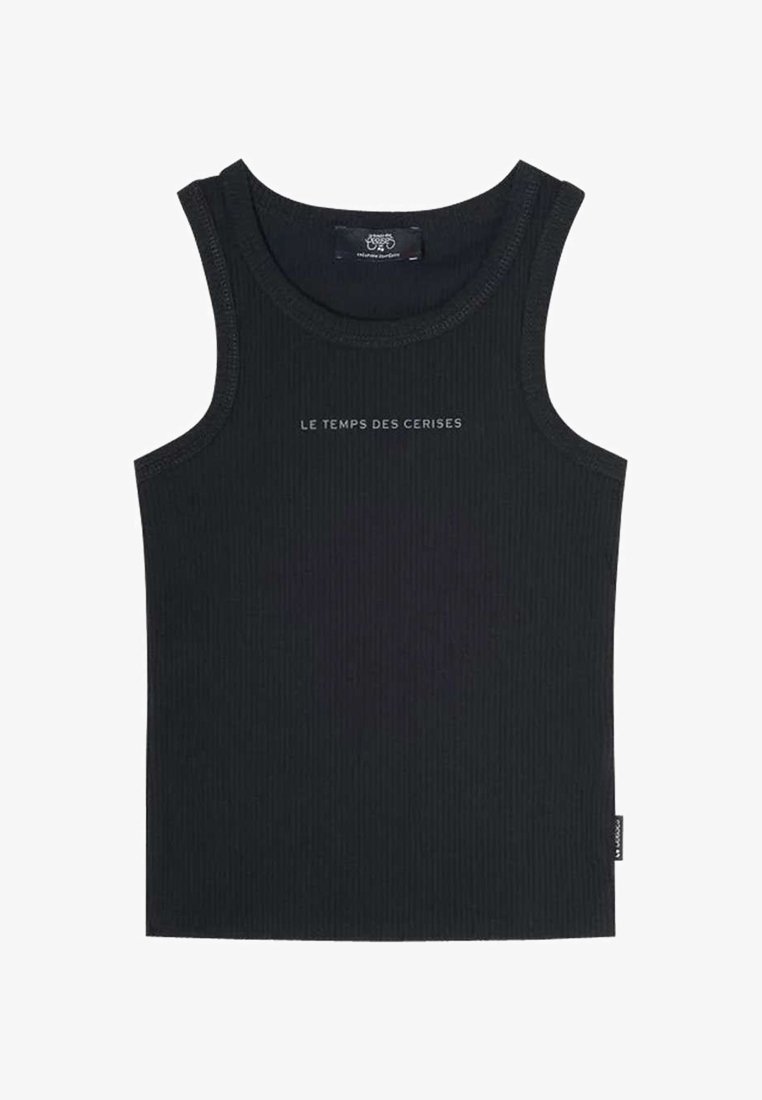 Débardeur noir à côtes avec bretelles larges. L'avant arbore le texte "LE TEMPS DES CERISES" dans une couleur contrastante. Étiquette en bas à droite.
