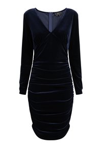 Rochie din catifea navy, cu mâneci lungi, decolteu în V și detalii plisate pe corp, dotată cu un fermoar ascuns la spate. Textură netedă.