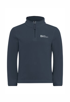 Dunkelblaues Fleece-Pullover mit Viertelreißverschluss, langen Ärmeln und einem Logo auf der linken Brust. Weicher Stoff und warmes Design.