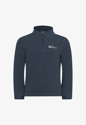 Donkerblauwe fleece pullover met een kwart rits, lange mouwen en een logo op de linkerkant van de borst. Zachte textuur en warm ontwerp.