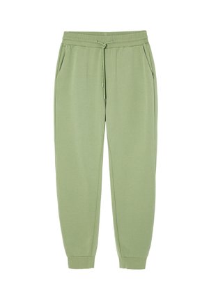 I pantaloni della tuta verde chiaro presentano una vita elasticizzata con cordino, tasche laterali e caviglie arricciate per un fit affusolato. Texture morbida.