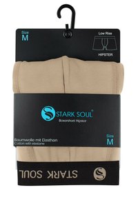 Boxer in cotone beige ed elastan con una cintura nera che presenta il logo "STARK SOUL". Imballati con un gancio per esposizione. Taglia M.