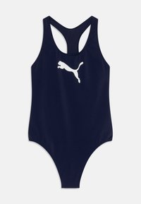 Marineblauwe badpak met racerback-ontwerp. Voorzien van een wit Puma-logo aan de voorkant. Soepele, rekbare stof voor comfort.