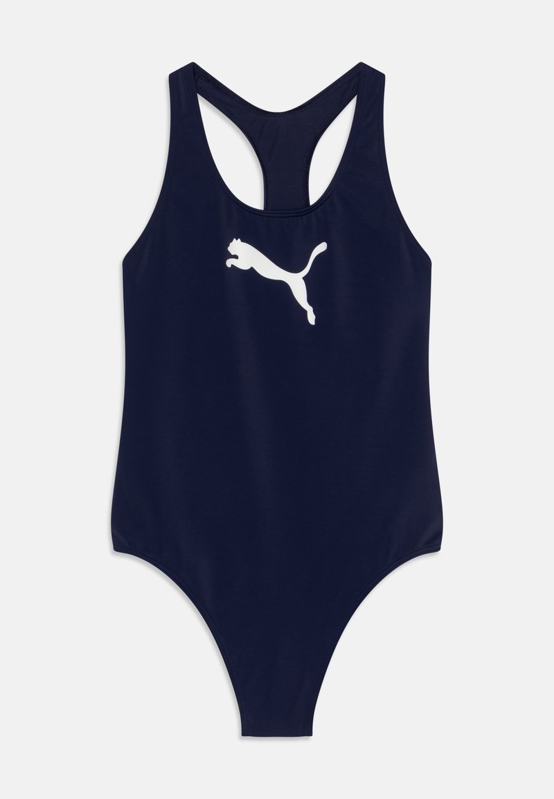 Marineblauwe badpak met racerback-ontwerp. Voorzien van een wit Puma-logo aan de voorkant. Soepele, rekbare stof voor comfort.