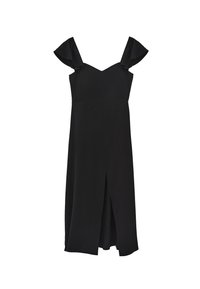 Vestido negro con un corsé ajustado, escote en V y tirantes con volantes. Presenta una abertura frontal y una falda fluida. Hecho de una tela ligera.