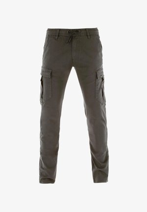 Dunkelolivgrüne Cargo-Hosen mit elastischem Bund, Kordelzug und mehreren Seitentaschen. Der Stoff wirkt strapazierfähig und hat eine glatte Textur.