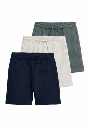 Drie paar casual shorts in marineblauw, lichtgrijs en gedempt groen, elk met een elastische tailleband en trekkoord.