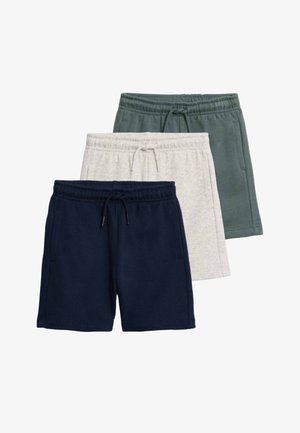 Drie paar casual shorts in marineblauw, lichtgrijs en gedempt groen, elk met een elastische tailleband en trekkoord.