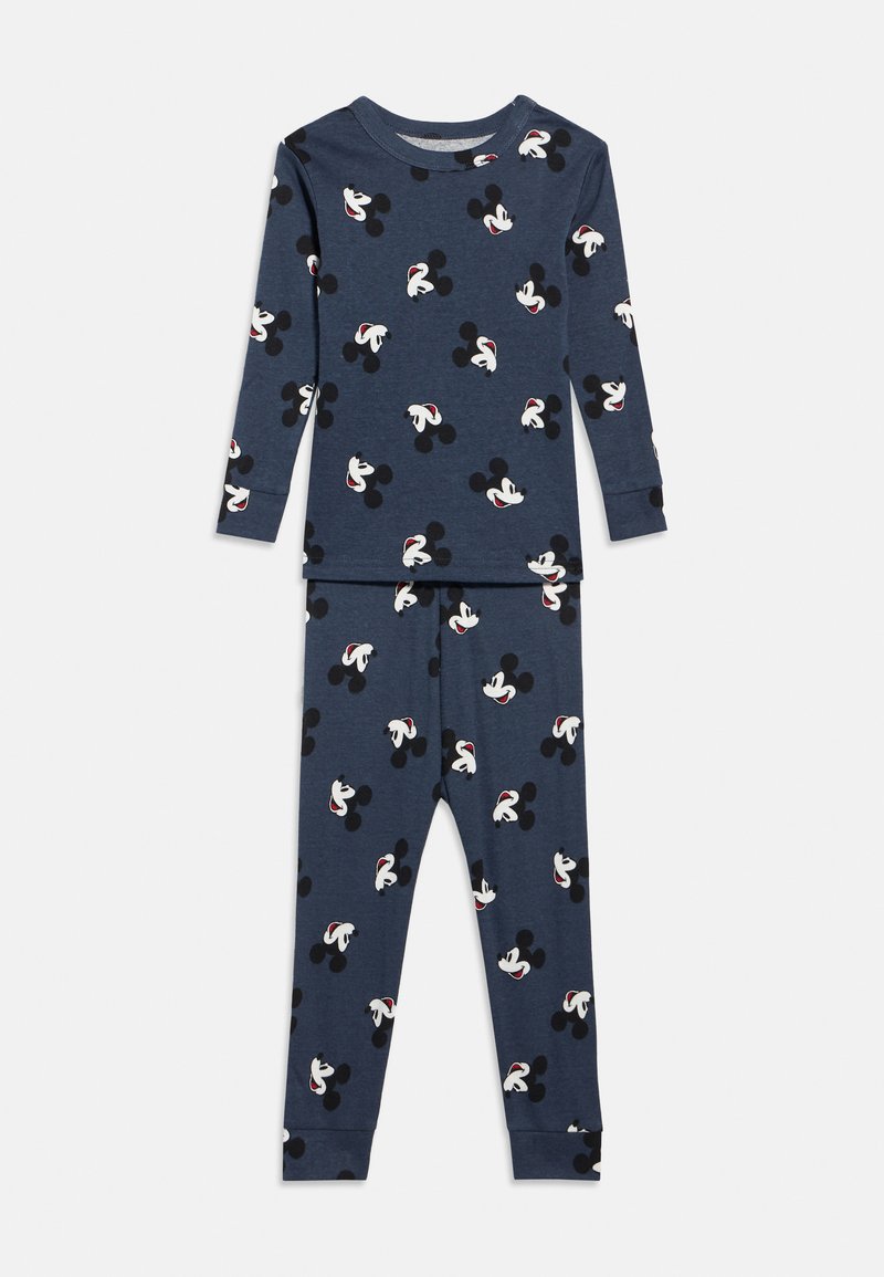 Set nočnih oblačil temno modre barve, ki vključuje majico z dolgimi rokavi in hlače, okrašeno z vzorcem ponavljajočih se obrazov Mickeyja Mousea in belimi poudarki rokavic. Narejeno iz mehke bombažne tkanine.