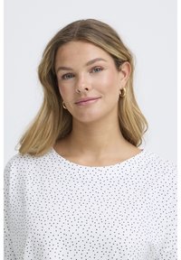 Žena s blond vlasmi po plecia, ktorá nosí zlaté kruhové náušnice a biely top s malými čiernymi bodkami, jemne sa usmieva.