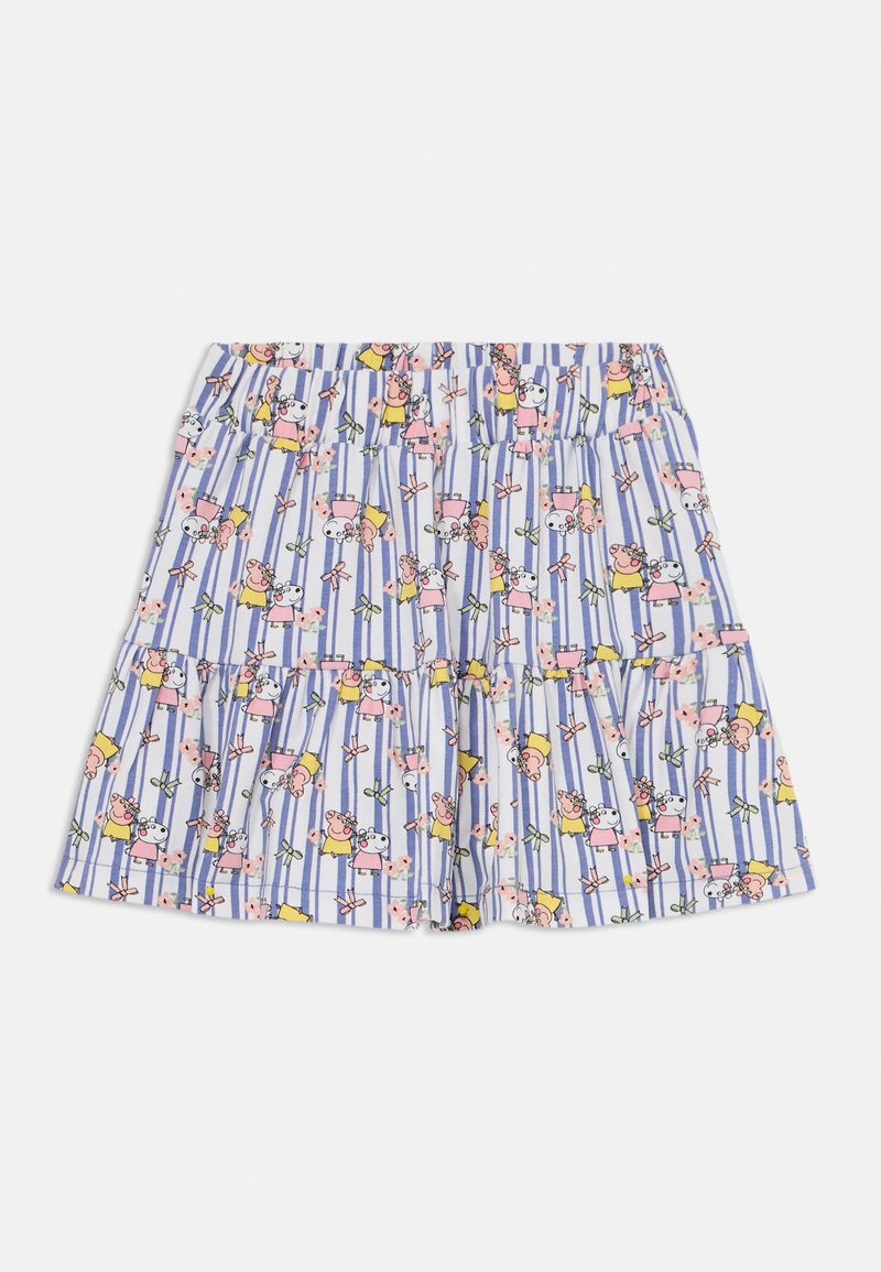 Calças curtas em camadas com padrão floral em azul claro com detalhes em rosa, apresentando personagens de cartoons e riscas verticais. Design de cintura elástica.