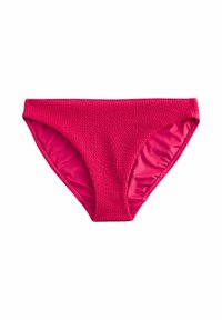 Bas de bikini rose vif avec une surface texturée, couvrance moyenne et découpes hautes au niveau des jambes. La ceinture élastique assure un ajustement parfait.