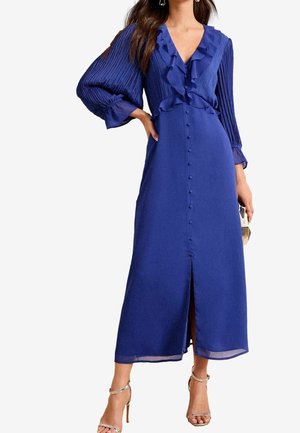 Blaues Midi-Kleid mit V-Ausschnitt, Rüschen-Details, langen Puffärmeln und Knopfverschluss auf der Vorderseite; verfügt über einen Frontschlitz und transparente Akzente.