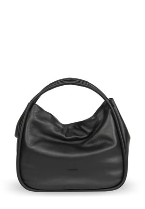 Czarna skórzana torebka o miękkim, luźnym kształcie. Posiada zaokrągloną rączkę i teksturowaną powierzchnię. Minimalistyczny design bez widocznych elementów metalowych.