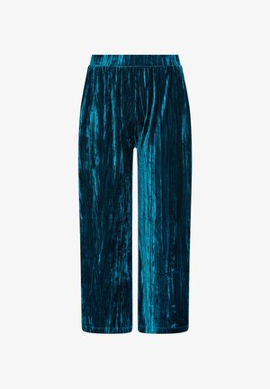 Pantalones de tiro ancho en terciopelo azul verdoso con un acabado suave y texturizado, que presentan una cinturilla elástica y un patrón de rayas verticales en toda su superficie.