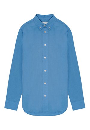 Light blue long-sleeve shirt with a button-down collar, front placket, and buttons. Crafted from a smooth fabric, featuring cuffed sleeves.