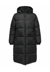 Černý péřový kabát s kapucí, se zipovým zapínáním, elastickými manžetami a dlouhým prošívaným designem pro izolaci a teplo.