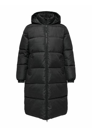 Cappotto piumino nero con cappuccio, dotato di chiusura con zip, polsini elasticizzati e un design lungo e trapuntato per isolamento e calore.