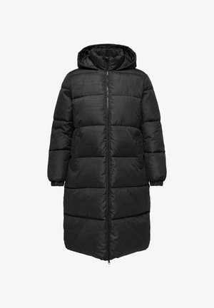 Schwarze Daunenjacke mit Kapuze, ausgestattet mit einem Reißverschluss, elastischen Manschetten und einem langen, gesteppten Design für Isolierung und Wärme.